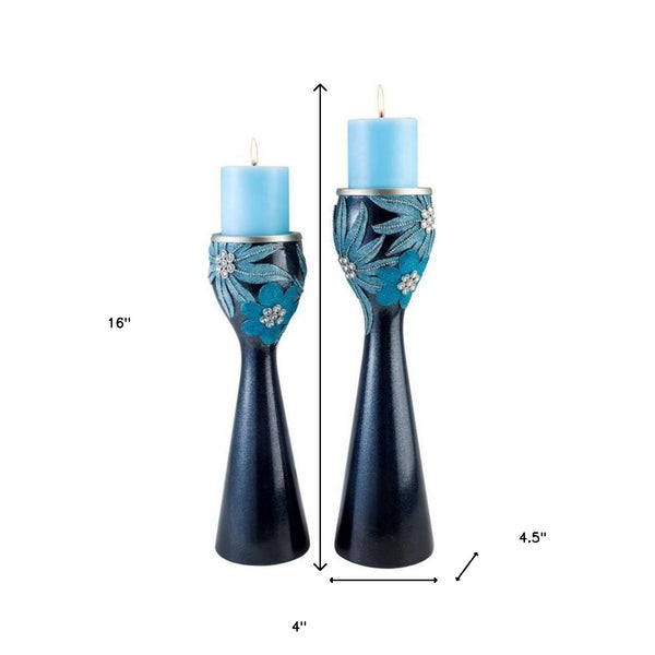 Homeroots Set Of Two Navy And Aqua Floral Bling Candle Holders With Candles Aqua Blue  468334