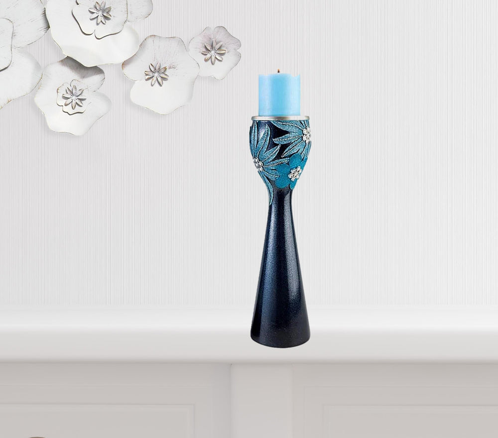 Homeroots Set Of Two Navy And Aqua Floral Bling Candle Holders With Candles Aqua Blue  468334