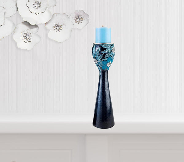 Homeroots Set Of Two Navy And Aqua Floral Bling Candle Holders With Candles Aqua Blue  468334