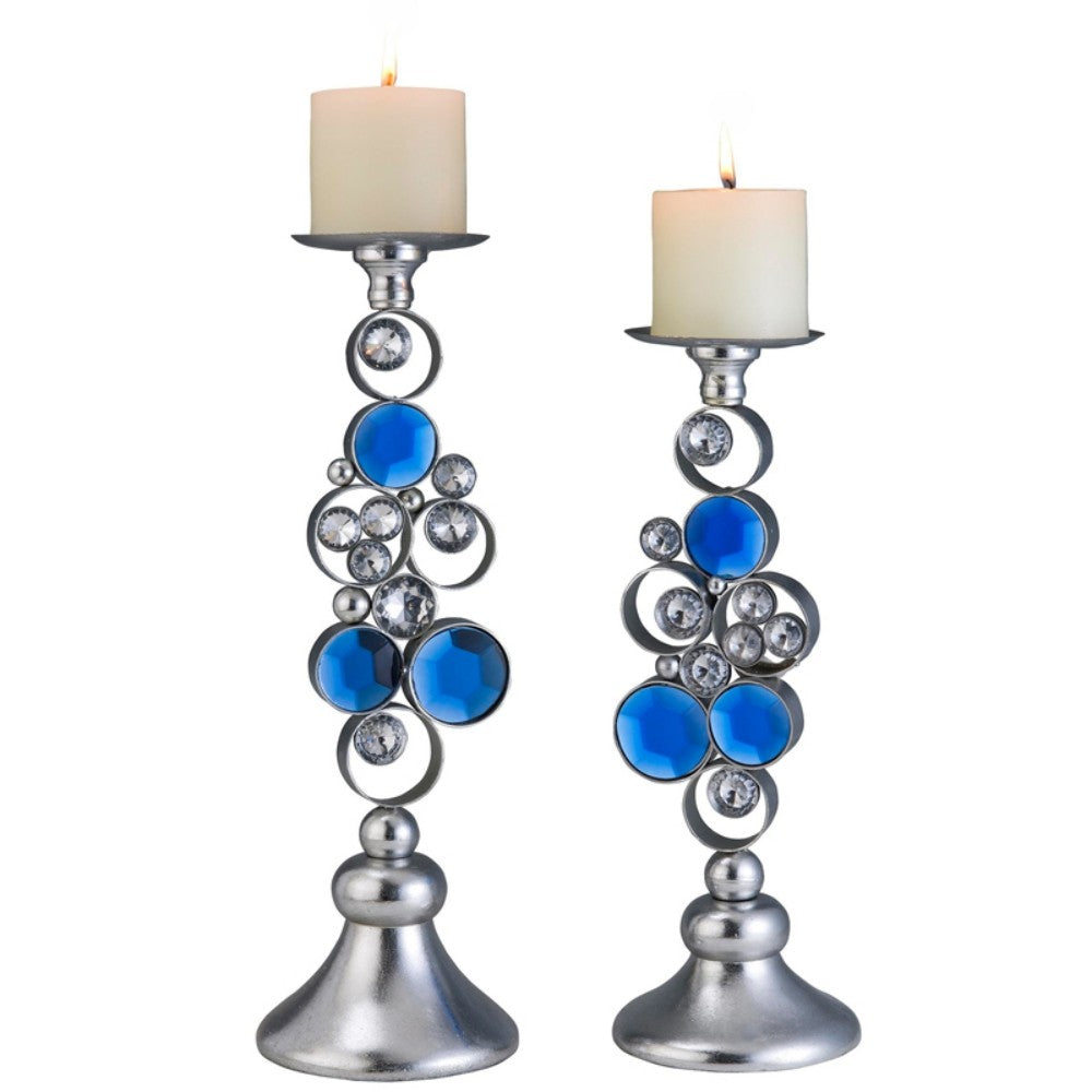 Homeroots Set Of Two Silver And Blue Bling Tabletop Pillar Candle Holders   468337