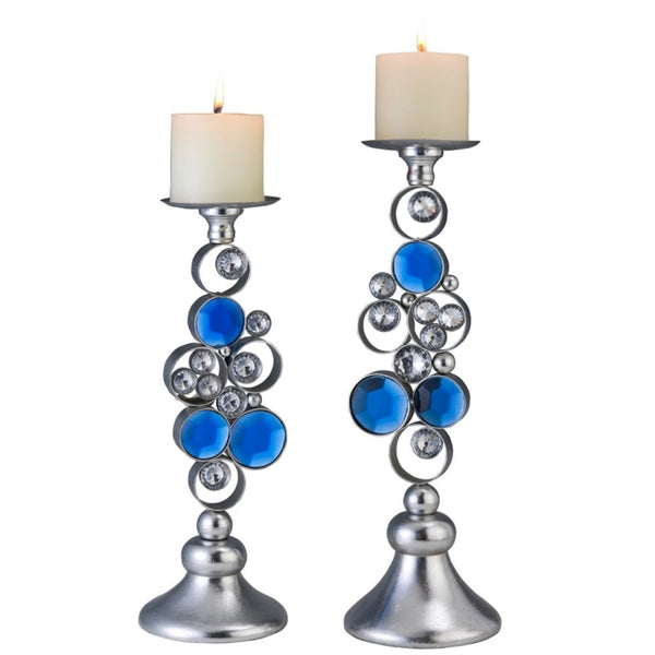 Homeroots Set Of Two Silver And Blue Bling Tabletop Pillar Candle Holders   468337
