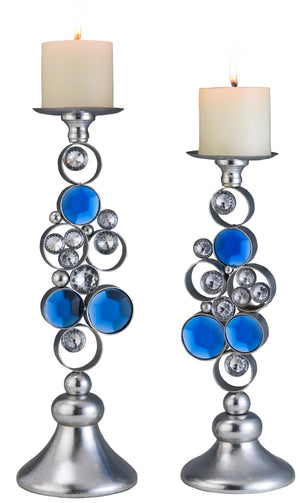 Homeroots Set Of Two Silver And Blue Bling Tabletop Pillar Candle Holders   468337