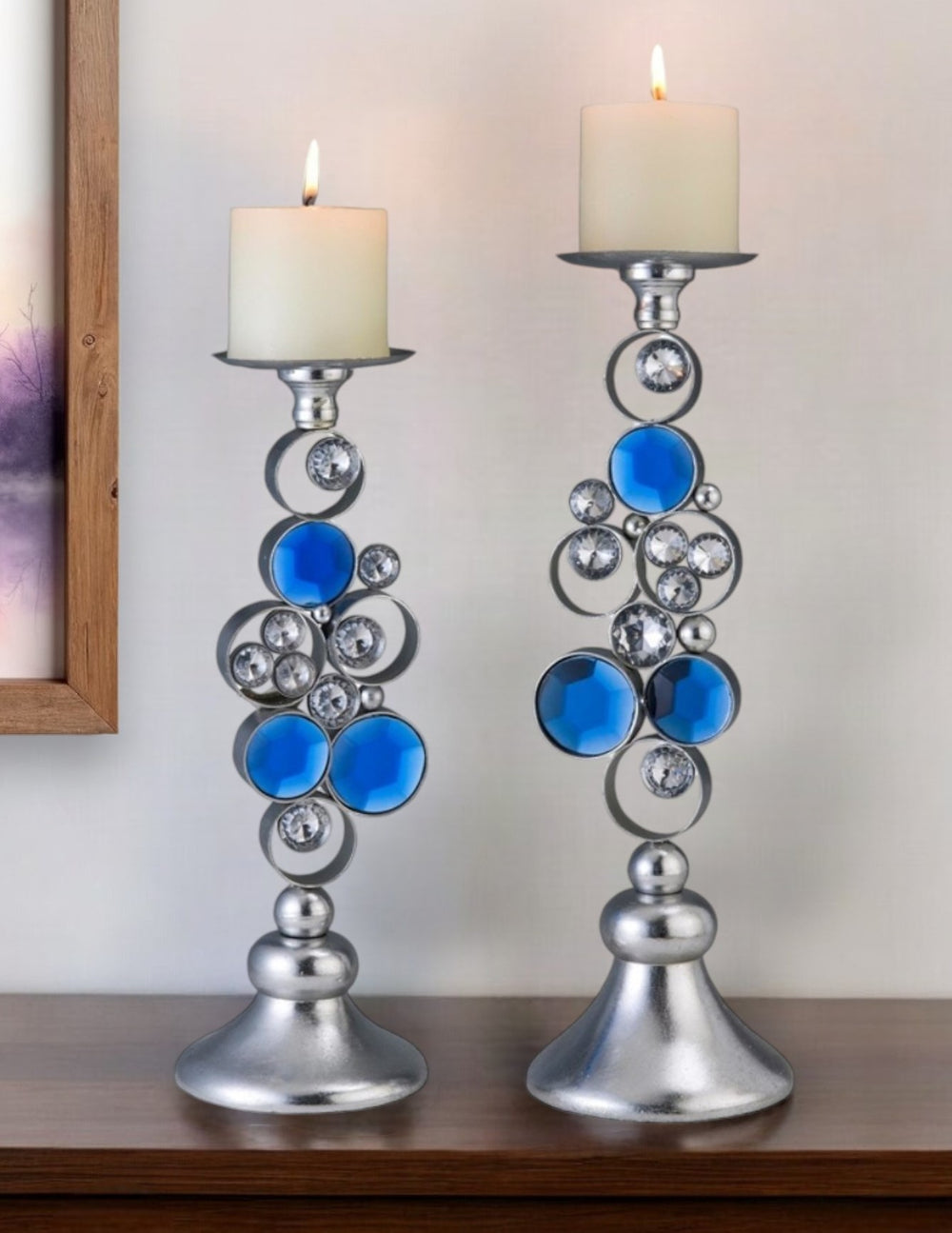 Homeroots Set Of Two Silver And Blue Bling Tabletop Pillar Candle Holders   468337