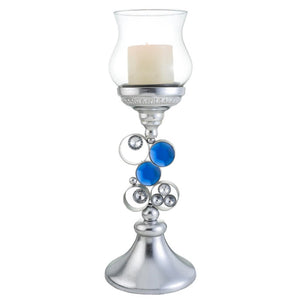 Homeroots 18" Silver And Blue Faux Crystal Bling Hurricane Candle Holder   468338