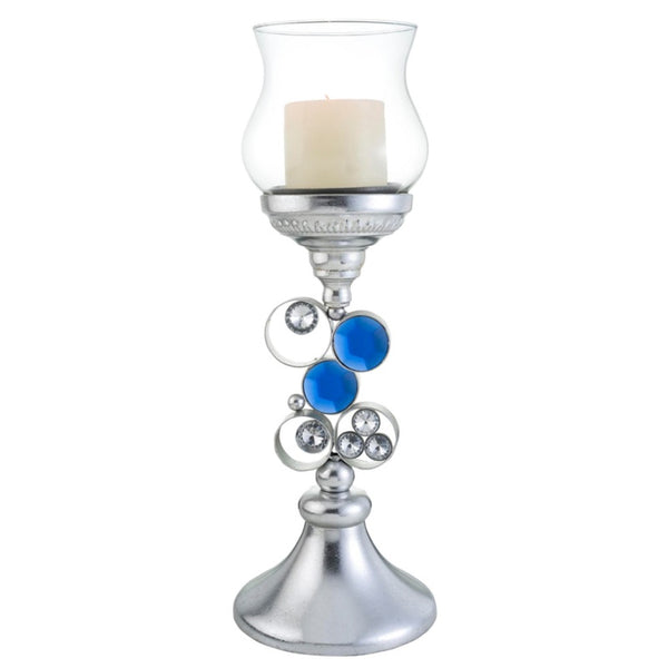 Homeroots 18" Silver And Blue Faux Crystal Bling Hurricane Candle Holder   468338