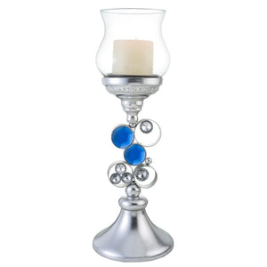Homeroots 18" Silver And Blue Faux Crystal Bling Hurricane Candle Holder   468338