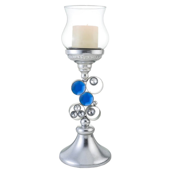 Homeroots 18" Silver And Blue Faux Crystal Bling Hurricane Candle Holder   468338