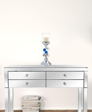 Homeroots 18" Silver And Blue Faux Crystal Bling Hurricane Candle Holder   468338