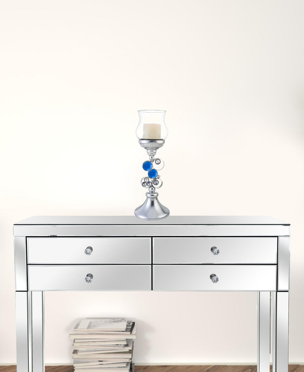 Homeroots 18" Silver And Blue Faux Crystal Bling Hurricane Candle Holder   468338