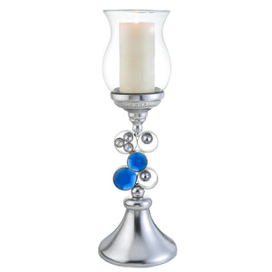 Homeroots 21" Silver And Blue Faux Crystal Bling Hurricane Candle Holder   468339