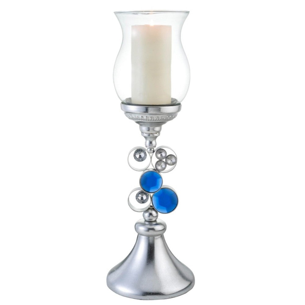 Homeroots 21" Silver And Blue Faux Crystal Bling Hurricane Candle Holder   468339