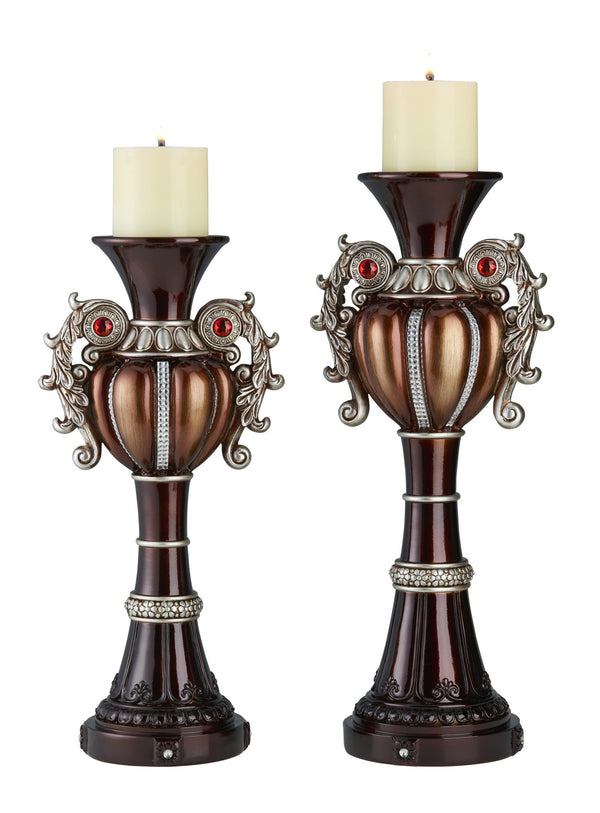 Homeroots Set Of Two Bronze Tabletop Urn Shape Pillar Candle Holders   468341
