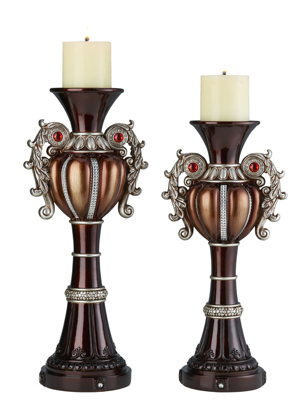 Homeroots Set Of Two Bronze Tabletop Urn Shape Pillar Candle Holders   468341