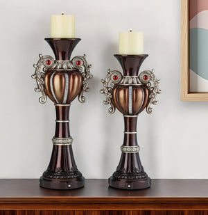 Homeroots Set Of Two Bronze Tabletop Urn Shape Pillar Candle Holders   468341