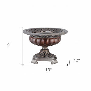 Homeroots 9" Silver And Bronze Polyresin Decorative Centerpiece Pedestal Bowl  Polyresin 468346
