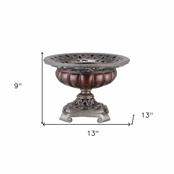 Homeroots 9" Silver And Bronze Polyresin Decorative Centerpiece Pedestal Bowl  Polyresin 468346