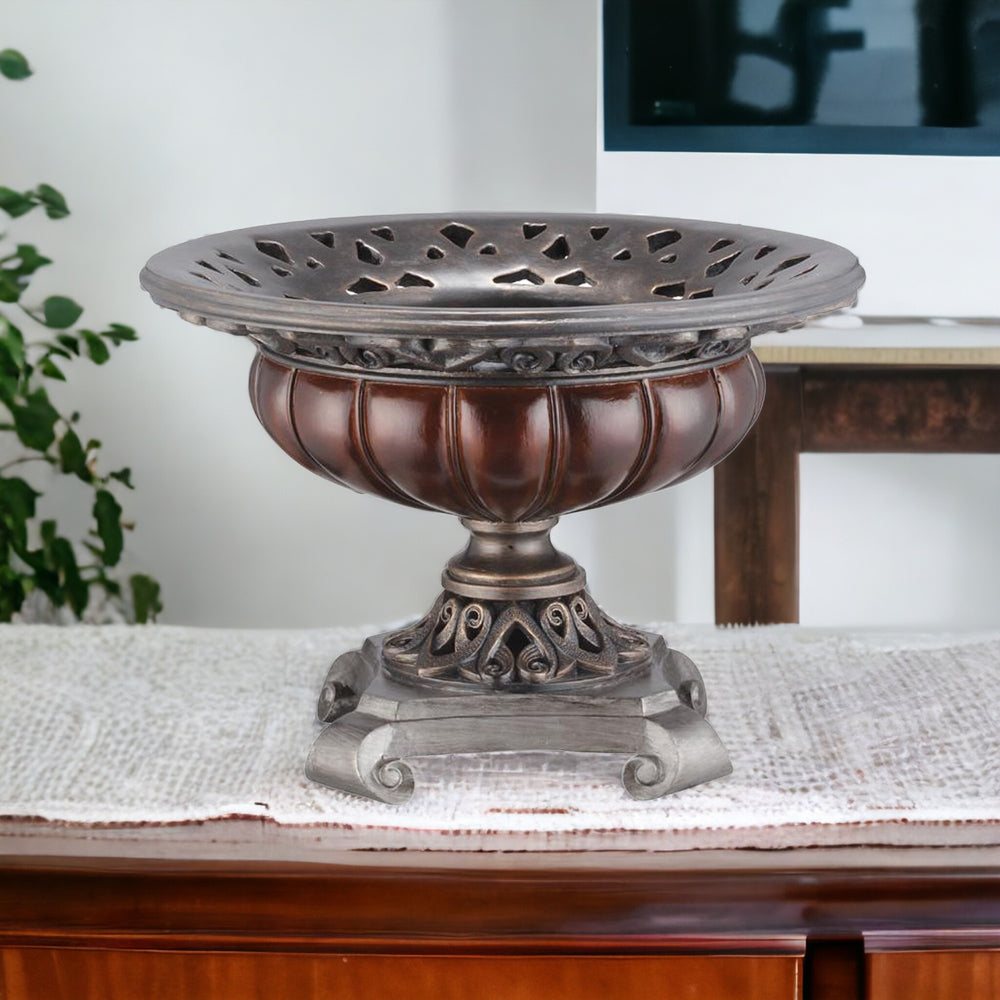 Homeroots 9" Silver And Bronze Polyresin Decorative Centerpiece Pedestal Bowl  Polyresin 468346