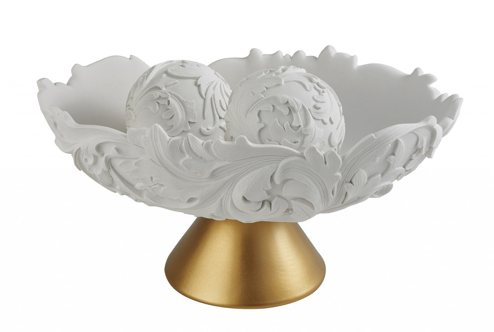 Homeroots 9" Matte Gold And White Polyresin Decorative Bowl With Orbs  Polyresin 468349