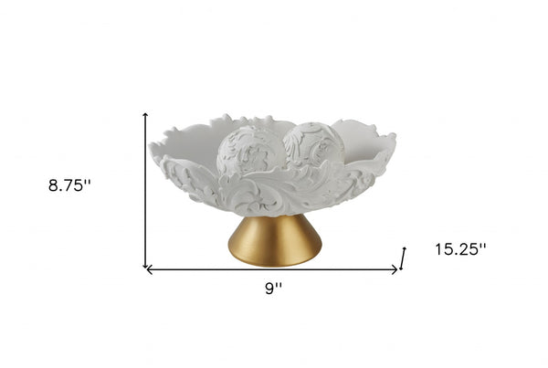HomeRoots 9" Elegant Matte Gold and White Decorative Bowl with Orbs - Modern Baroque Centerpiece for Home Decor 468349