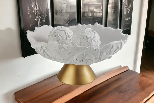 HomeRoots 9" Elegant Matte Gold and White Decorative Bowl with Orbs - Modern Baroque Centerpiece for Home Decor 468349