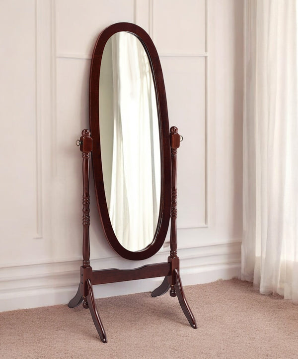 Homeroots 59" Brown Cherry Oval Framed Cheval Standing Mirror  Wood 468363