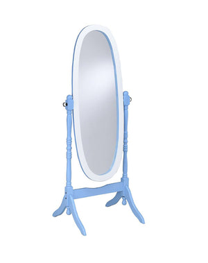 Homeroots Pretty Pastel Blue And White Cheval Standing Oval Mirror  Eucalyptus Wood,Mdf Back Cover,Glass Mirror 468368