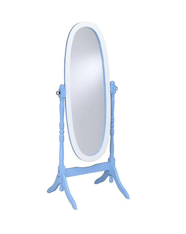 Homeroots Pretty Pastel Blue And White Cheval Standing Oval Mirror  Eucalyptus Wood,Mdf Back Cover,Glass Mirror 468368