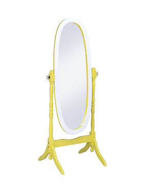 Homeroots Yellow Oval Cheval Standing Solid Wood Mirror Yellow And White Eucalyptus Wood,Mdf Back Cover,Glass Mirror 468370