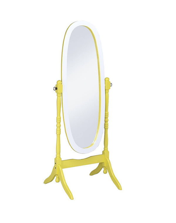 Homeroots Yellow Oval Cheval Standing Solid Wood Mirror Yellow And White Eucalyptus Wood,Mdf Back Cover,Glass Mirror 468370