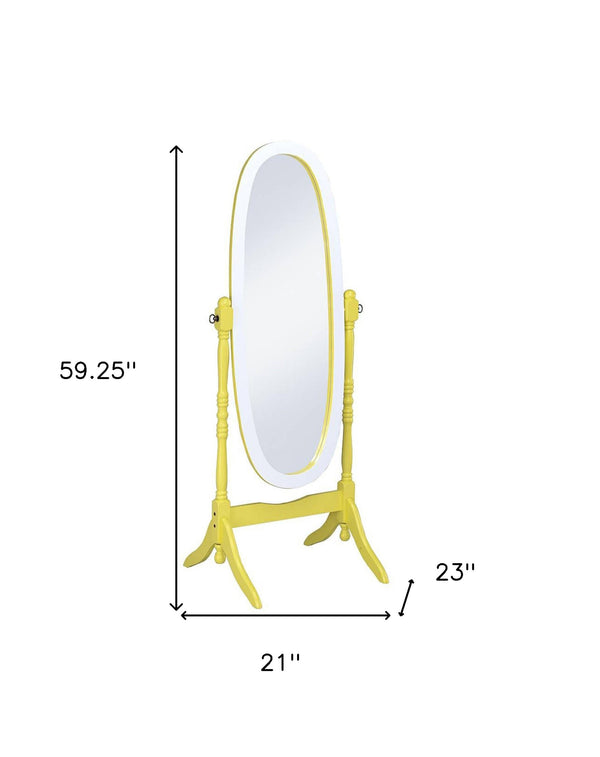 Homeroots Yellow Oval Cheval Standing Solid Wood Mirror Yellow And White Eucalyptus Wood,Mdf Back Cover,Glass Mirror 468370