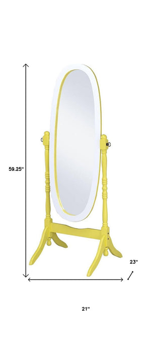 HomeRoots 59" Oval Solid Wood Freestanding Cheval Mirror - Elegant Full-Length Reflection with Adjustable Tilt Yellow and White 468370