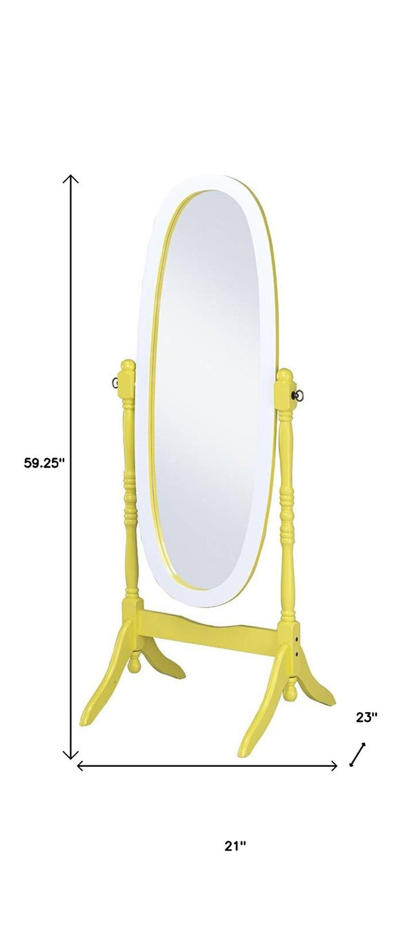 HomeRoots 59" Oval Solid Wood Freestanding Cheval Mirror - Elegant Full-Length Reflection with Adjustable Tilt Yellow and White 468370
