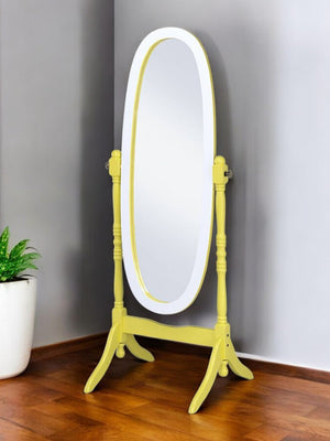 HomeRoots 59" Oval Solid Wood Freestanding Cheval Mirror - Elegant Full-Length Reflection with Adjustable Tilt Yellow and White 468370