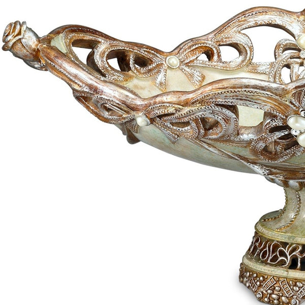 Homeroots 9" Beige And Gold Polyresin Decorative Bowl  Polyresin 468375