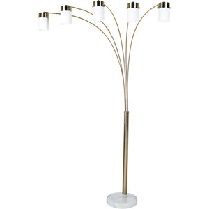 HomeRoots 84" Gold and White Arched Floor Lamp - Elegant Five-Light Design with Dimmable Acrylic Drum Shade 468390