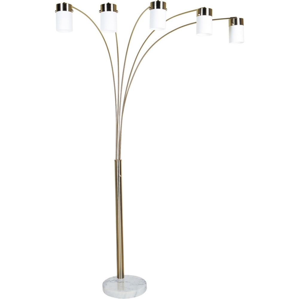 HomeRoots 84" Gold and White Arched Floor Lamp - Elegant Five-Light Design with Dimmable Acrylic Drum Shade 468390