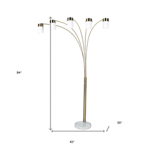 HomeRoots 84" Gold and White Arched Floor Lamp - Elegant Five-Light Design with Dimmable Acrylic Drum Shade 468390