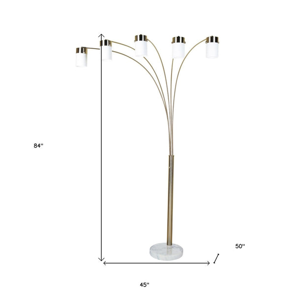 HomeRoots 84" Gold and White Arched Floor Lamp - Elegant Five-Light Design with Dimmable Acrylic Drum Shade 468390