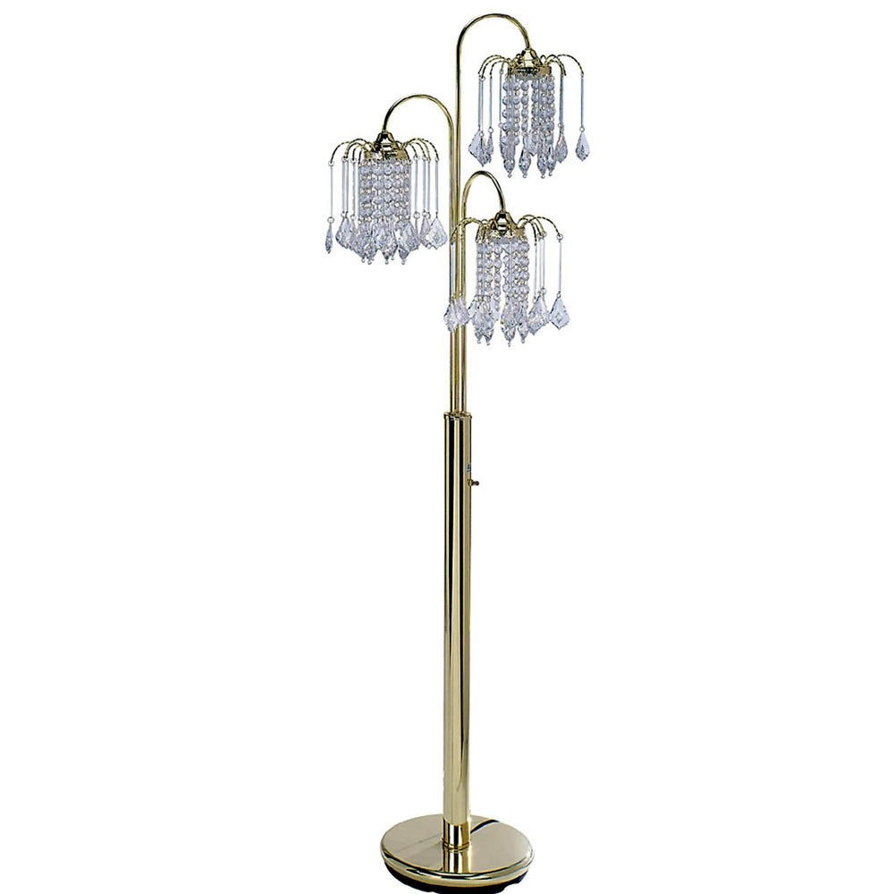 HomeRoots 63" Gold Three-Light Candelabra Floor Lamp – Elegant Faux Crystal Shades for Glamorous Ambiance 468396