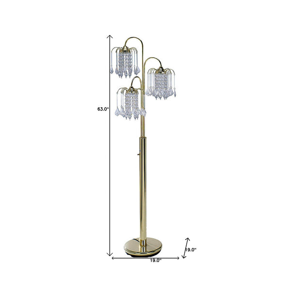 Homeroots 63" Gold Three Lights Candelabra Floor Lamp With Clear Faux Crystal Shades  Metal 468396