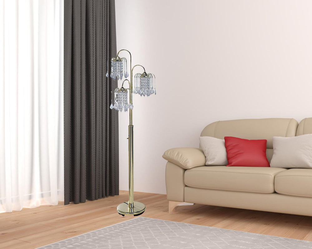 HomeRoots 63" Gold Three-Light Candelabra Floor Lamp – Elegant Faux Crystal Shades for Glamorous Ambiance 468396