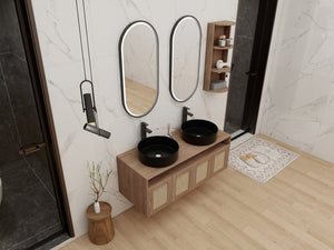 English Elm 48" Floating Bathroom Vanity Oak Finish Dual Ceramic Sinks Four Soft Close Doors W999S00505