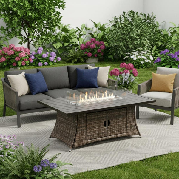HomeRoots Brown Wicker Outdoor Gas Fire Pit Table with Adjustable Flame Control & Convertible Top for Entertaining 468417