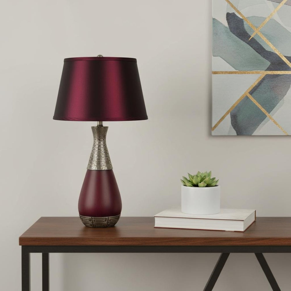 HomeRoots Contemporary Maroon Table Lamp - Stylish Tapered Urn Design with Geometric Tribal Accents & Warm Glow 468421