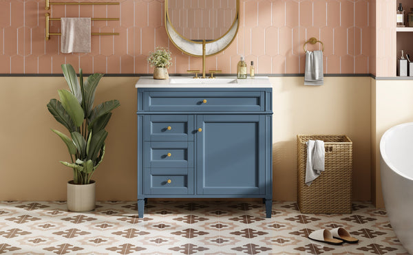 English Elm 36'' Bathroom Vanity With Sink, Modern Indigo Blue Storage Cabinet Featuring 3 Drawers & Adjustable Shelf N710P230246M