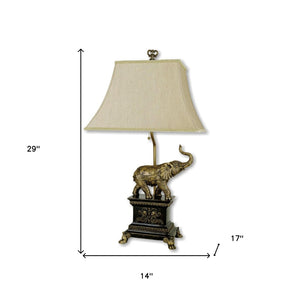 HomeRoots Antique Elephant Table Lamp - Elegant Hand-Finished Design with Gold Accents & Warm Beige Shade 468424
