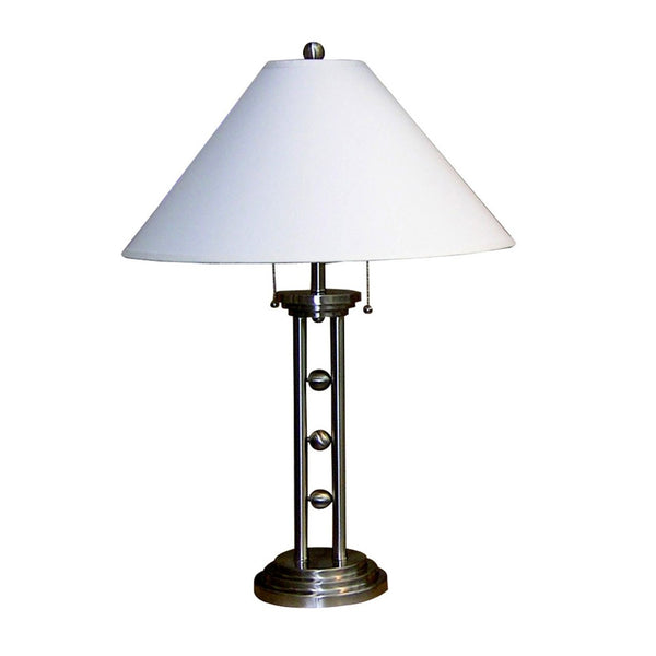 HomeRoots 27" Silver Metal Two-Light Table Lamp with Elegant White Shade for Timeless Home Style & Warmth 468439