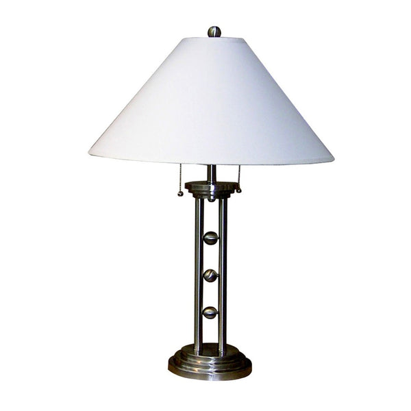 HomeRoots 27" Silver Metal Two-Light Table Lamp with Elegant White Shade for Timeless Home Style & Warmth 468439