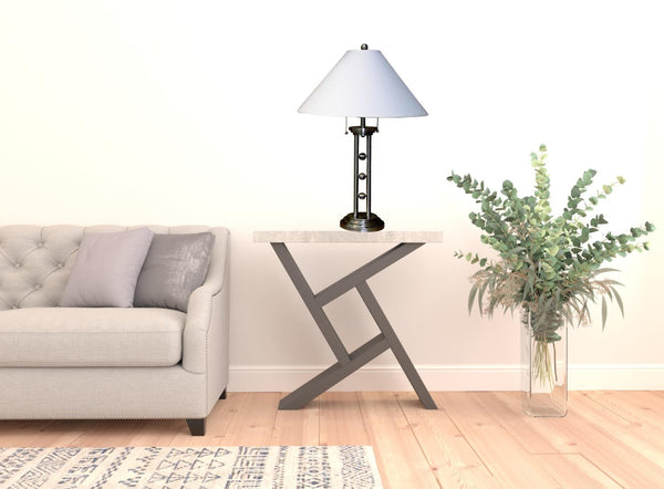 HomeRoots 27" Silver Metal Two-Light Table Lamp with Elegant White Shade for Timeless Home Style & Warmth 468439