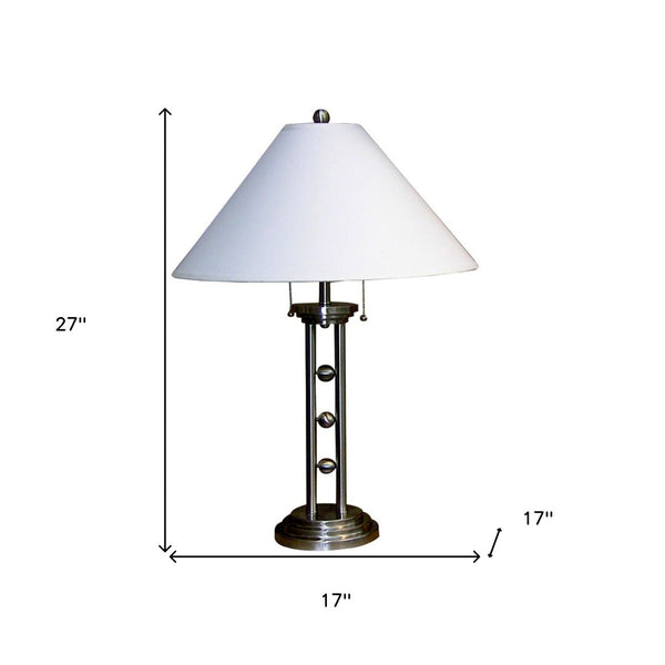 HomeRoots 27" Silver Metal Two-Light Table Lamp with Elegant White Shade for Timeless Home Style & Warmth 468439